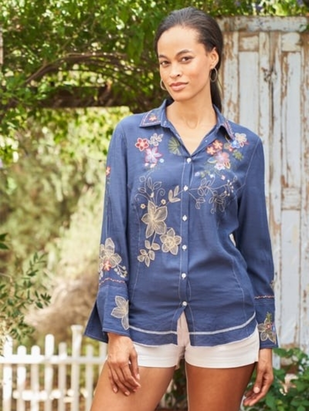 BOHO Chic Embroidered Navy Floral Button-Up Shirt by Paparazzi by BIZ, Size S